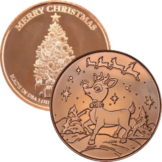 (image for) Rudolph ~ Merry Christmas (Tree Back Design Series) 1 oz .999 Pure Copper Round