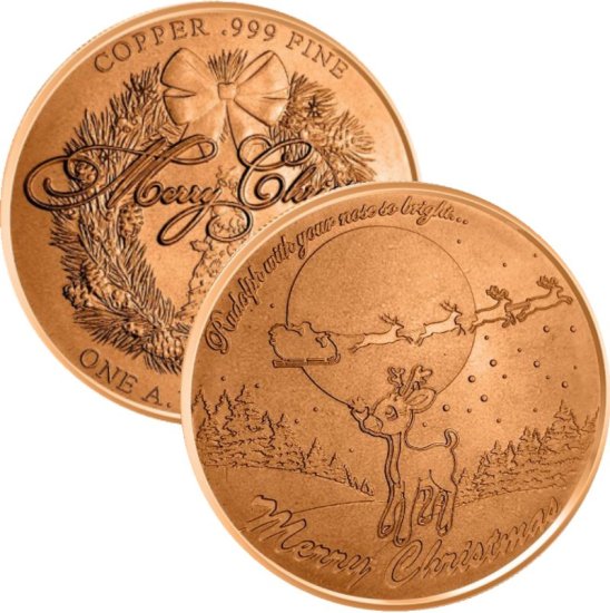 (image for) Rudolph The Red Nosed Reindeer (Wreath Back Design Series) 1 oz .999 Pure Copper Round