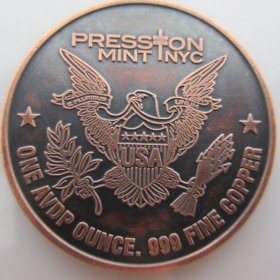Saint Gaudens 1 oz .999 Pure Copper Round (Presston Mint) (Black Patina)