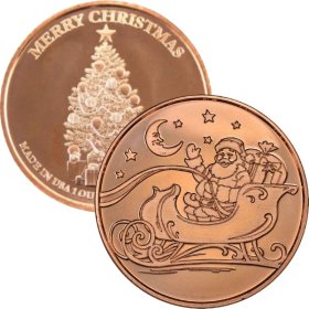 Santa In Sleigh ~ Merry Christmas (Tree Back Design Series) 1 oz .999 Pure Copper Round