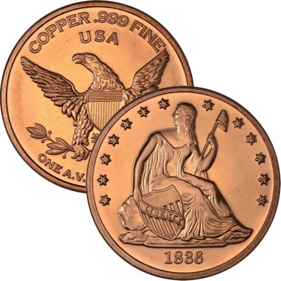 (image for) Seated Liberty 1836 Dollar Design 1 oz .999 Pure Copper Round