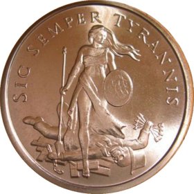 Sic Semper Tyrannis (AOCS (2013) 1 oz .999 Pure Copper Round (Silver Bullet - Silver Shield)