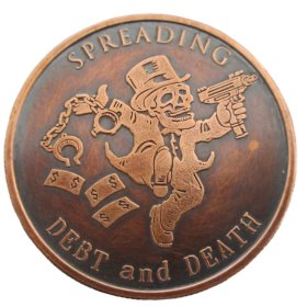 (image for) Spreading Debt And Death 1 oz .999 Pure Copper Round (2016 Silver Shield) (Black Patina)