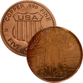 Standing Liberty 5 oz .999 Pure Thick Copper Round Bar