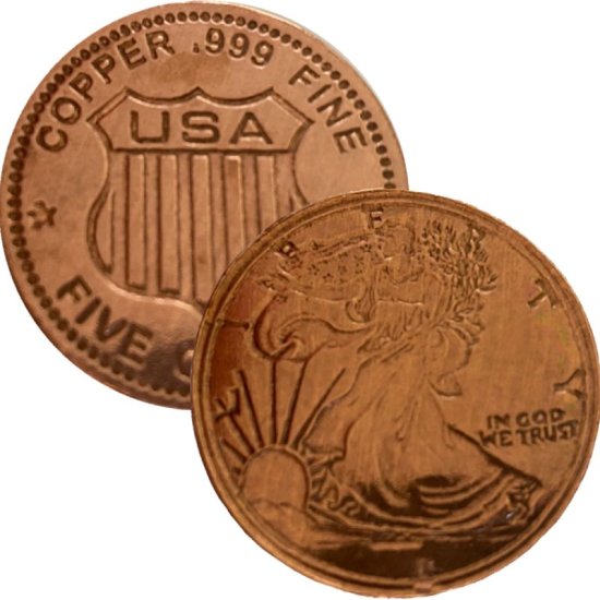 Walking Liberty 5 oz .999 Pure Thick Copper Round Bar